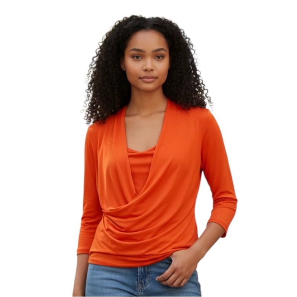 Joseph Ribkoff Vibrant Orange Draped Frame Neck Blouse - 3/4 Sleeve - Size 4